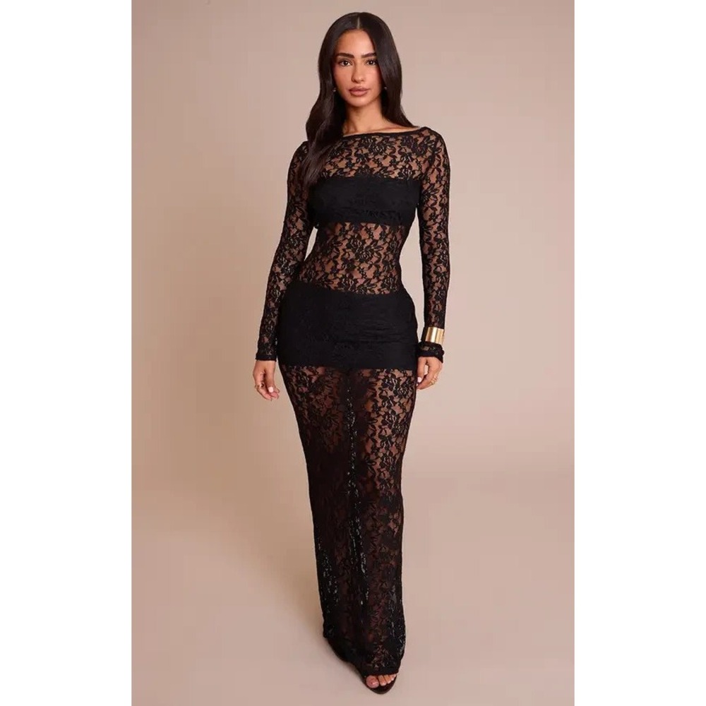 NWT PRETTY LITTLE THING Petite Sz 2 Black Sheer Lace Long Sleeve Maxi Dress